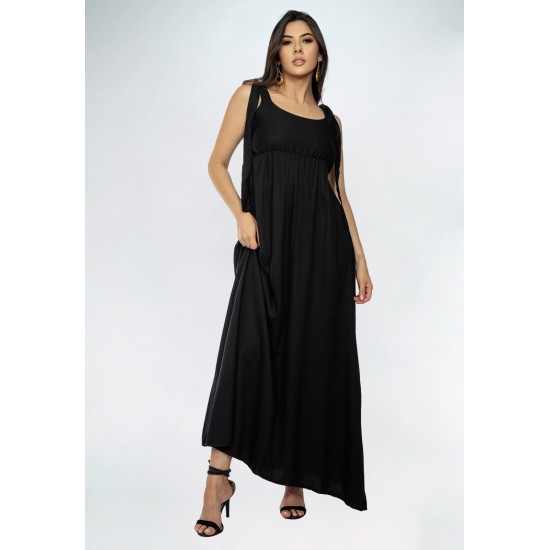 Vestido Longo Apioba Viscose com Amarração no Ombro Preto