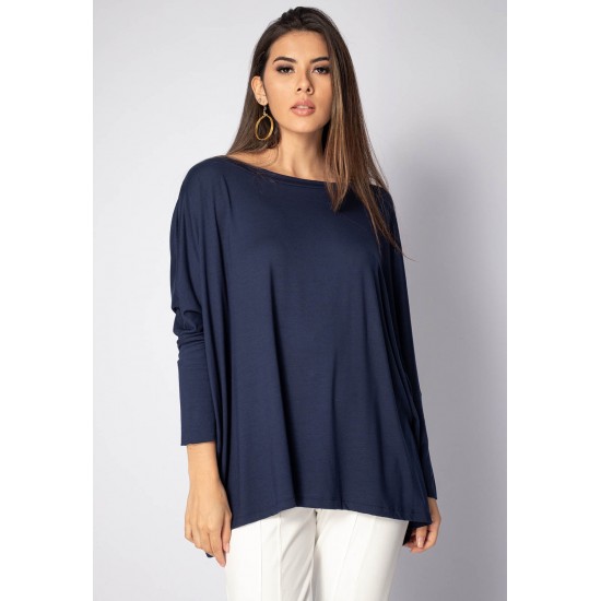 Blusa Ampla Malha Morcego Manga Longa Azul Marinho
