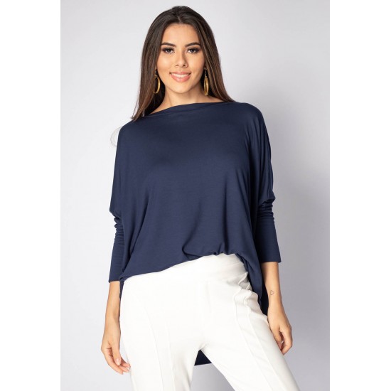 Blusa Ampla Malha Morcego Manga Longa Azul Marinho