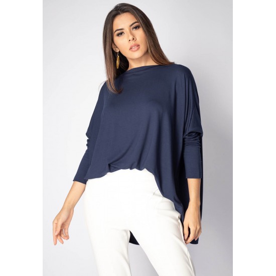 Blusa Ampla Malha Morcego Manga Longa Azul Marinho