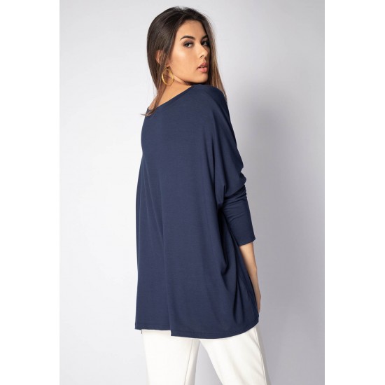 Blusa Ampla Malha Morcego Manga Longa Azul Marinho