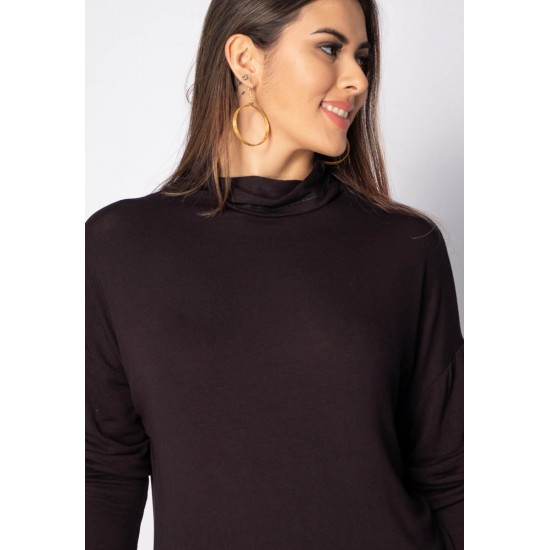 Blusa Malha Gola Alta Manga Longa Preta