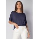 Blusa Básica Morcego Malha Gola Canoa Manga Curta Azul Marinho