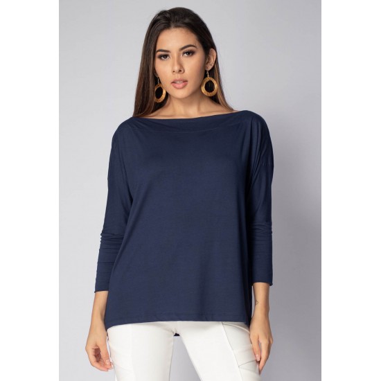 Blusa Canoa Malha Manga 3/4 Azul Marinho