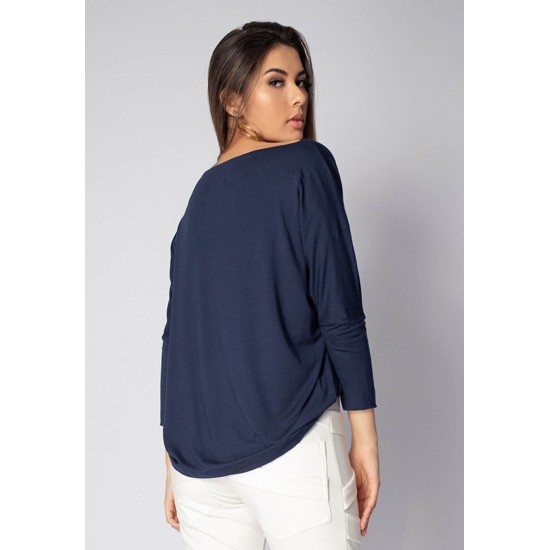 Blusa Canoa Malha Manga 3/4 Azul Marinho