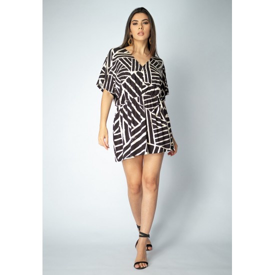 Vestido Curto Saída de Praia Maragogi Malha Manga Morcego Étnico Maia Preto