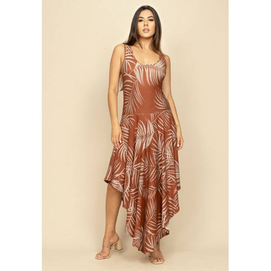 Vestido Midi Baitaca Malha de Bico Estampa Palmas Terra