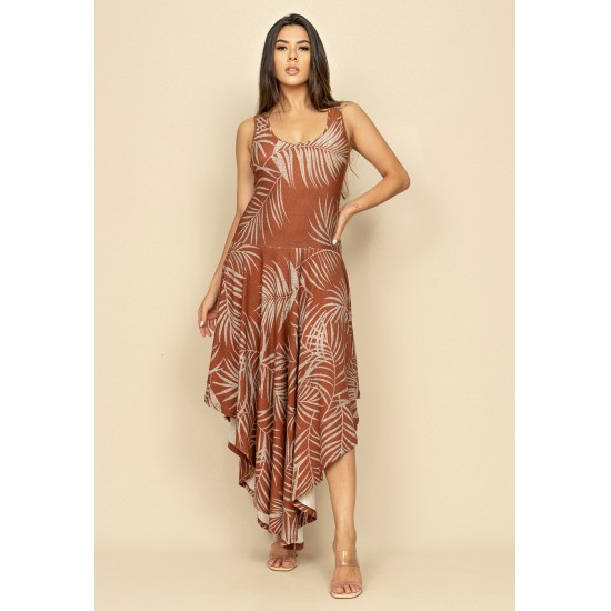 Vestido Midi Baitaca Malha de Bico Estampa Palmas Terra