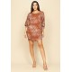 Vestido Curto Malha Morcego Manga 3/4 Estampa Palmas Terra