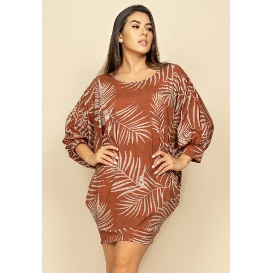 Vestido Curto Malha Morcego Manga 3/4 Estampa Palmas Terra