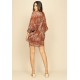 Vestido Curto Malha Morcego Manga 3/4 Estampa Palmas Terra