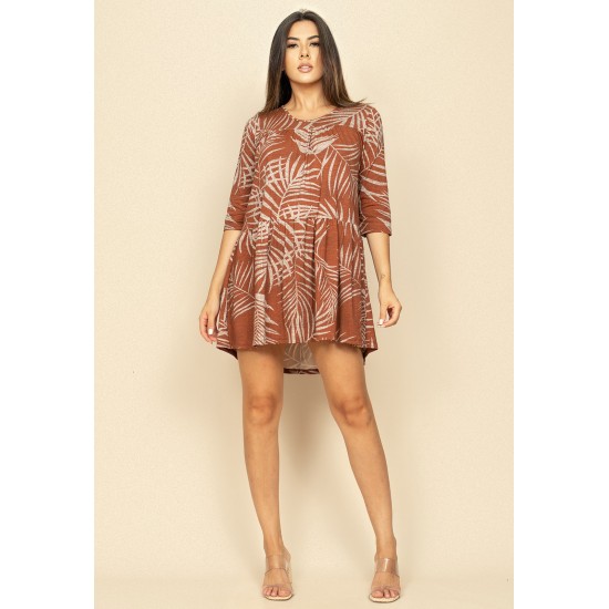 Vestido Curto Malha Camadas Estampa Palmas Terra