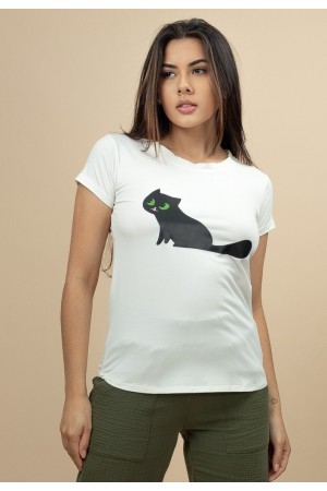 T-Shirt Baby Malha Manga Curta Corte a Fio Off White Gato Fofo