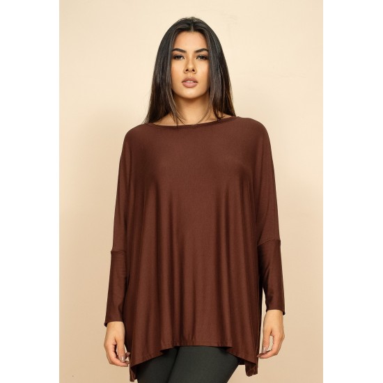 Blusa Ampla Malha Morcego Manga Longa Marrom