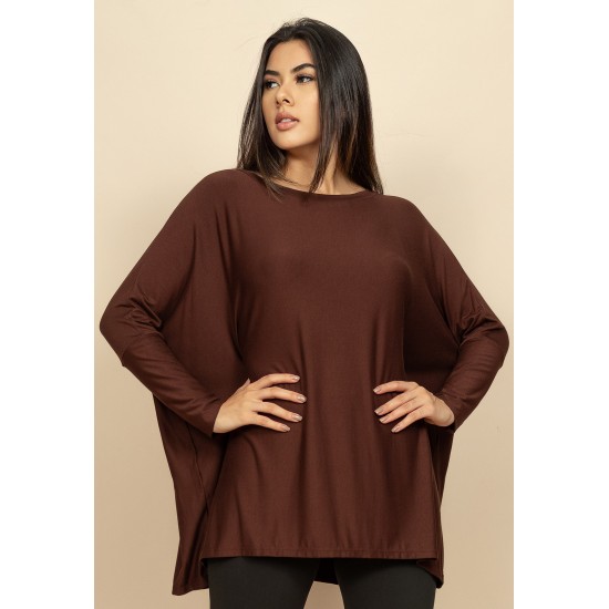 Blusa Ampla Malha Morcego Manga Longa Marrom