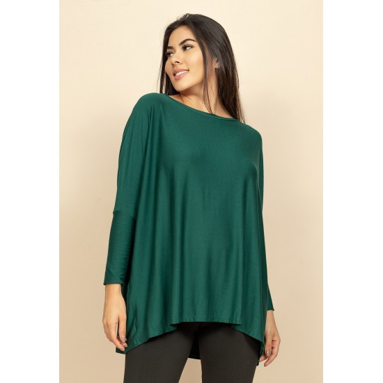 Blusa Ampla Malha Morcego Manga Longa Verde Jade