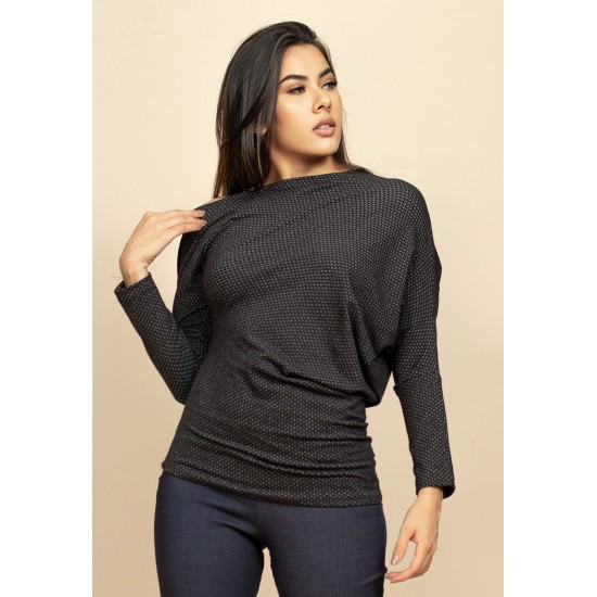Blusa Assimétrica de Algodão Preto de Mescla