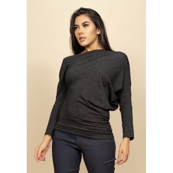 Blusa Assimétrica de Algodão Preto de Mescla