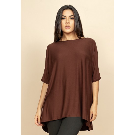 Blusa Ampla Malha Morcego Manga Curta Marrom