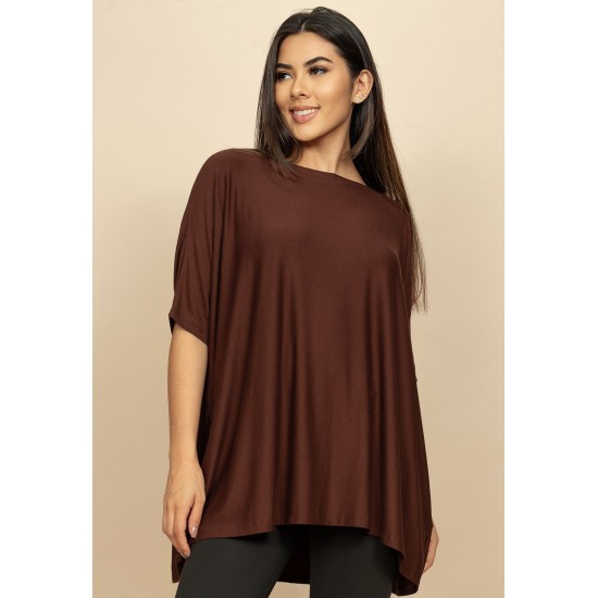 Blusa Ampla Malha Morcego Manga Curta Marrom