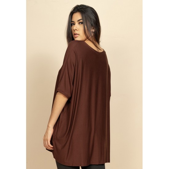 Blusa Ampla Malha Morcego Manga Curta Marrom
