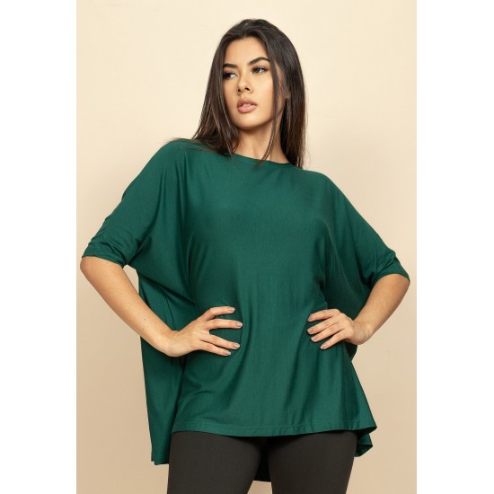 Blusa Ampla Malha Morcego Manga Curta Verde Jade