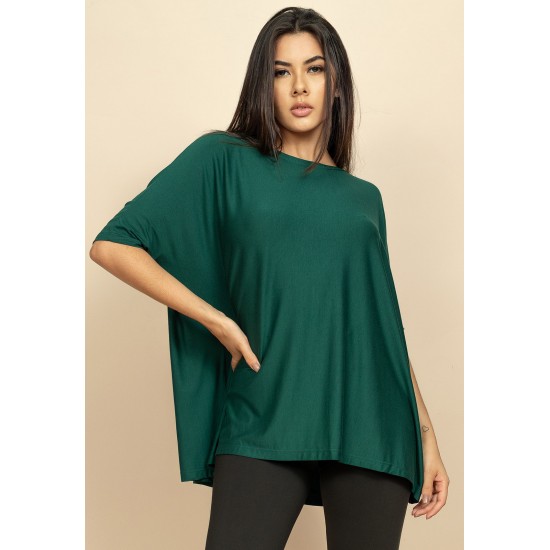 Blusa Ampla Malha Morcego Manga Curta Verde Jade