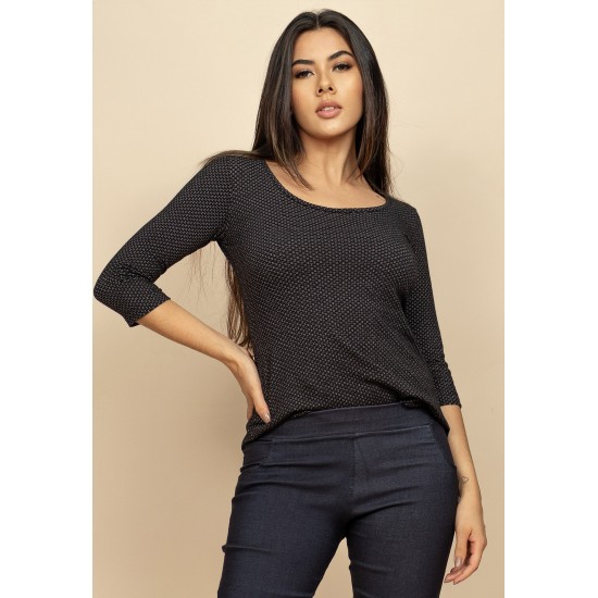 Blusa de Algodão Manga 3/4 Gola Canoa Preto de Mescla