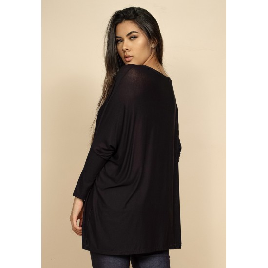 Blusa Ampla Malha Morcego Manga Longa Preta
