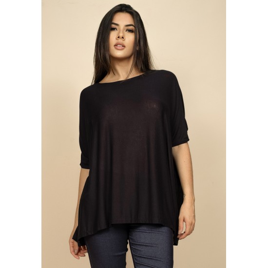 Blusa Ampla Malha Morcego Manga Curta Preta