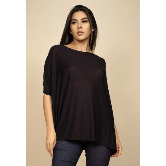 Blusa Ampla Malha Morcego Manga Curta Preta