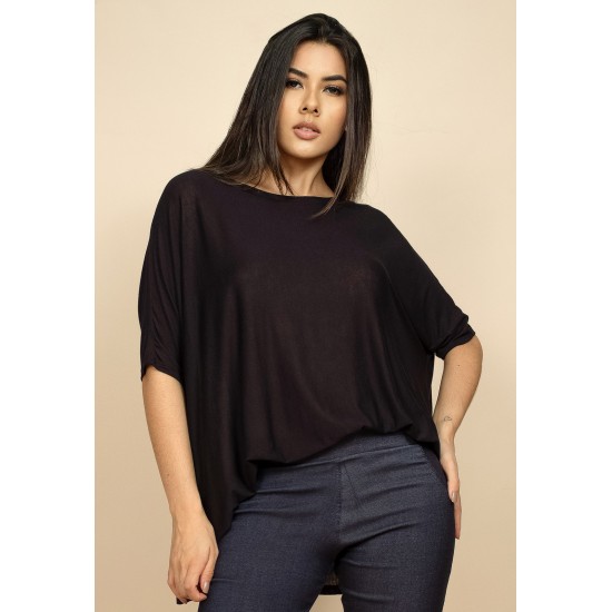 Blusa Ampla Malha Morcego Manga Curta Preta