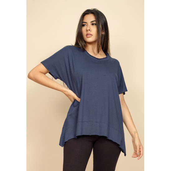 T-Shirt Ampla Algodão Orgânico Manga Curta Azul Marinho