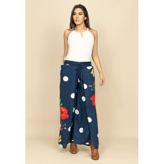 Calça Pantalona Reta com Aberturas Indy Colors Azul Hibisco Vermelho