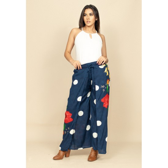 Calça Pantalona Reta com Aberturas Indy Colors Azul Hibisco Vermelho