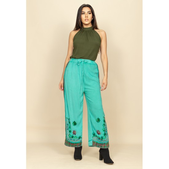 Calça Pantalona Reta com Fenda Indy Colors Turquesa