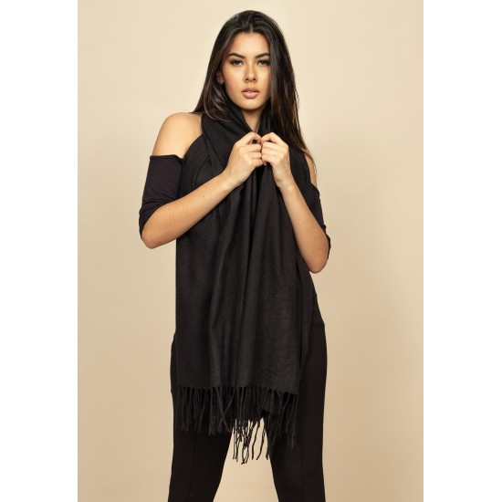 Echarpe Lenço Feminino Liso com Franja Preto