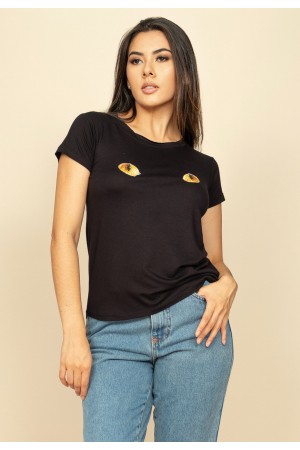 T-Shirt Baby Malha Manga Curta Corte a Fio Preta Olhos de Gato