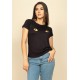 T-Shirt Baby Malha Manga Curta Corte a Fio Preta Olhos de Gato