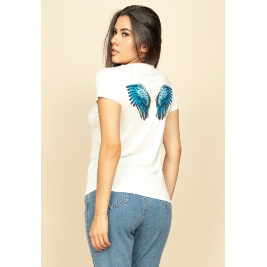 T-Shirt Baby Malha Manga Curta Corte a Fio Off White Asa em Joia Arara Azul