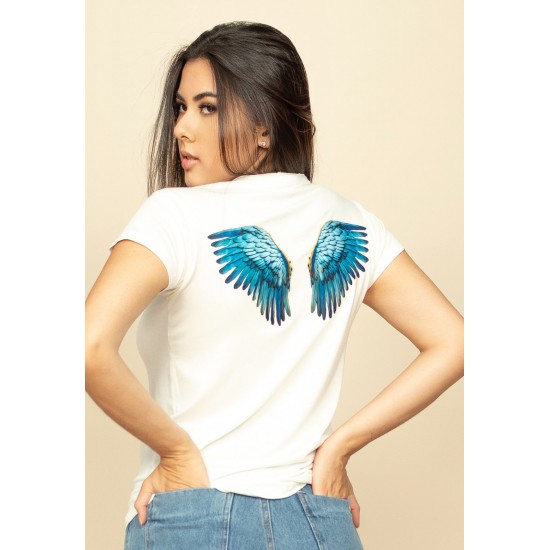T-Shirt Baby Malha Manga Curta Corte a Fio Off White Asa em Joia Arara Azul