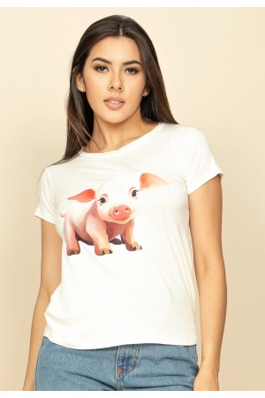 T-Shirt Baby Malha Manga Curta Corte a Fio Off White Porquinho