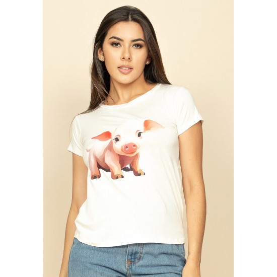 T-Shirt Baby Malha Manga Curta Corte a Fio Off White Porquinho