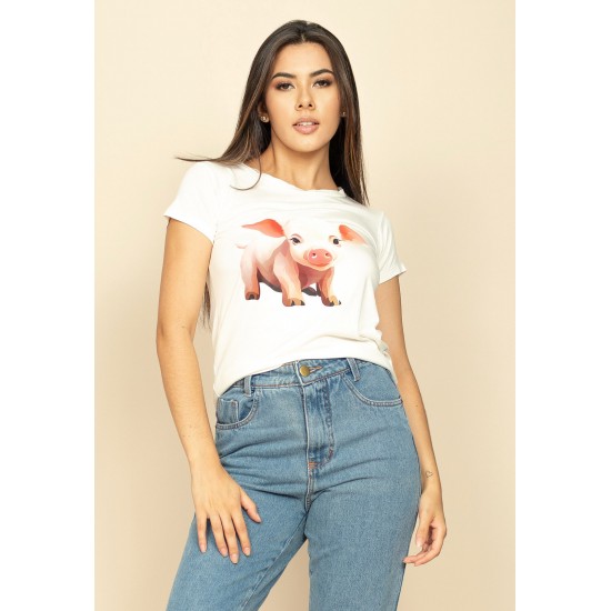 T-Shirt Baby Malha Manga Curta Corte a Fio Off White Porquinho