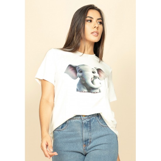 T- shirt Básica Bata Manga Curta Off White Elefante Fofo