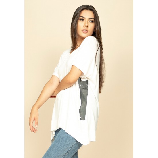 T-Shirt Ampla Malha Manga Curta Off White Gato Lateral