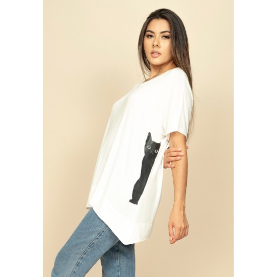 T-Shirt Ampla Malha Manga Curta Off White Gato Lateral