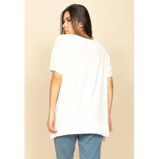 T-Shirt Ampla Malha Manga Curta Off White Gato Lateral