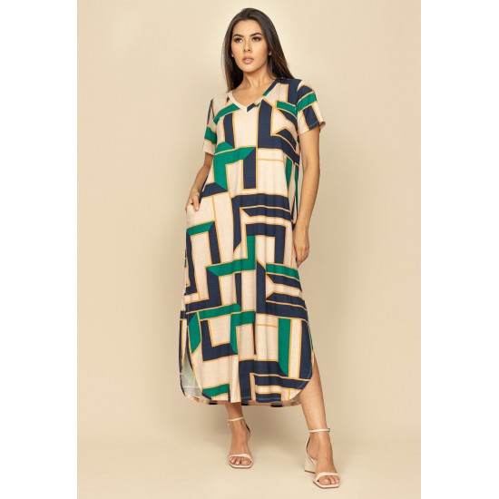 Vestido Midi Abapã Malha com Bolso Estampa Chapada de Areia