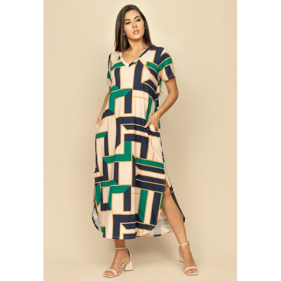 Vestido Midi Abapã Malha com Bolso Estampa Chapada de Areia